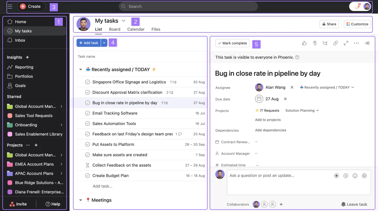 Asana interface showing tasks, subtasks, and timeline view