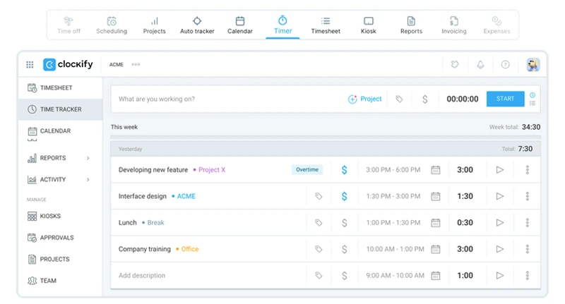 Best Time Tracking Apps for Freelancers using the Clockify dashboard