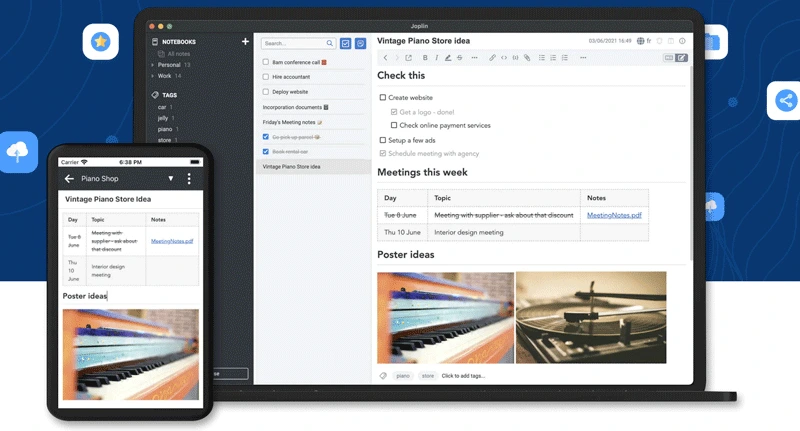 Joplin markdown note editor with sync settings