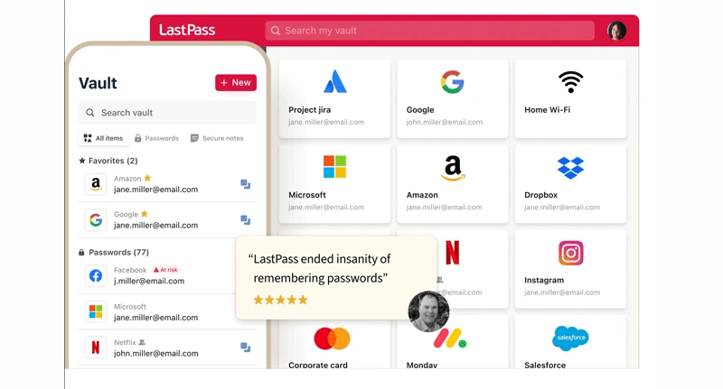 LastPass dashboard showing saved passwords and browser extension