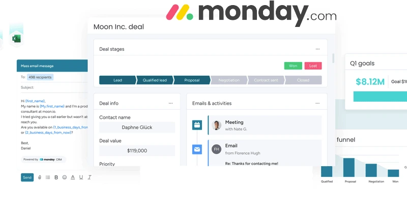 Monday.com dashboard with colorful project boards and automations