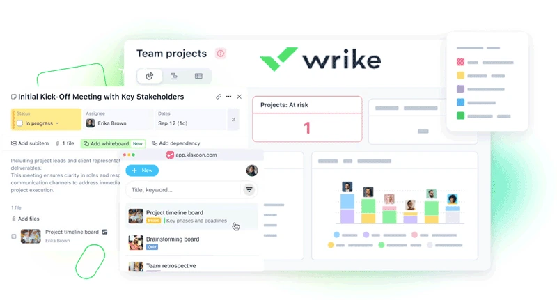 Wrike project view showing tasks, time tracking, and analytics