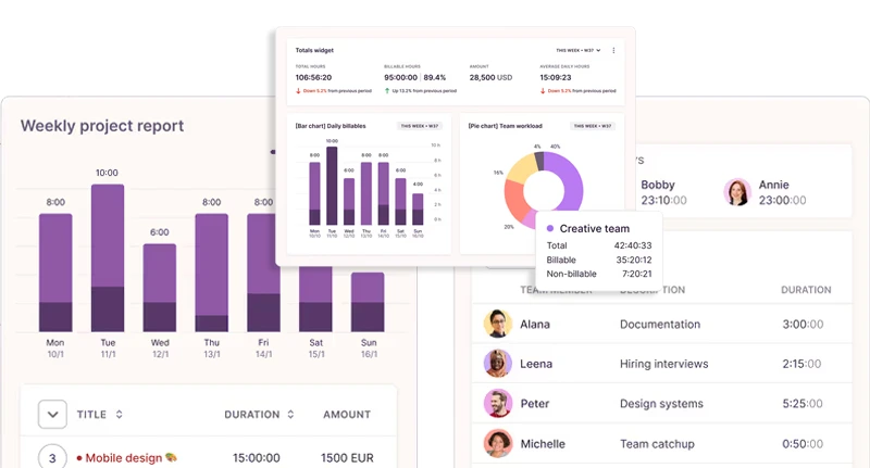 Toggl Track app interface with Pomodoro timer and time log